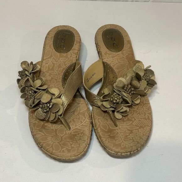 BOC Born Concept Womens Sandals Size 11M Gold Floral Leather Cork Wedge - Picture 2 of 7